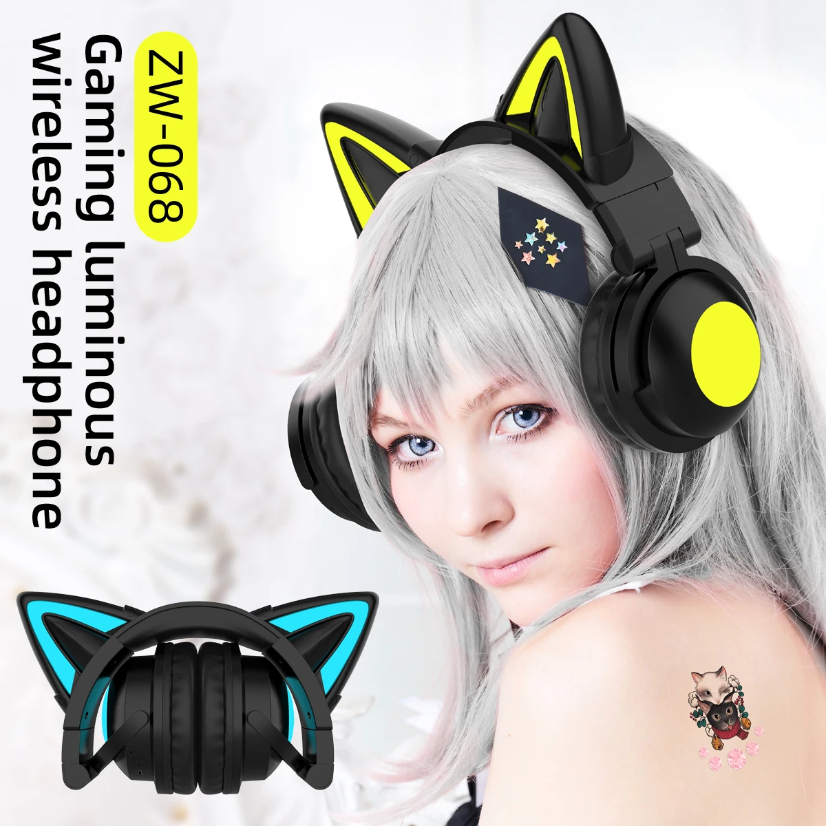 ZW068 Bluetooth ヘッドフォン LED ライト - Cat Ear Bluetooth Headset Led のレビューと価格